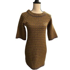 French Connection Mod Style Textured Knit Shift Dress – Mustard & Taupe – Size S